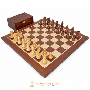 Ensemble French Knight complet avec échiquier acajou et coffret en bouleau