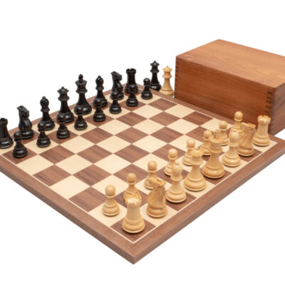 Ensemble Competition Echiquier en Bois de Noyer et d'Erable, Jeu d'Echecs en Bois de Buis & Coffret de Rangement en Bois de Rose Doré