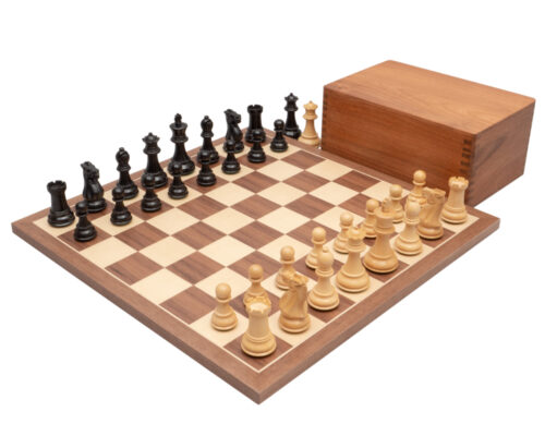 Ensemble Competition Echiquier en Bois de Noyer et d&rsquo;Erable, Jeu d&rsquo;Echecs en Bois de Buis & Coffret de Rangement en Bois de Rose Doré