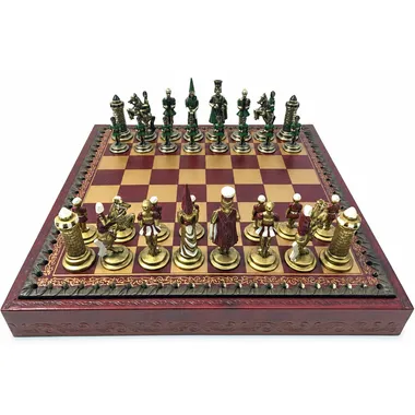 Ensemble Camelot Roi Arthur III vu d'ensemble sur échiquier en similicuir