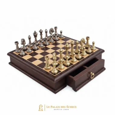 Ensemble Staunton Mix III Echiquier en Bois d'Acajou et Erable avec Compartiment de Rangement & Jeu d'Echecs en Métal Massif