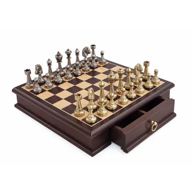 Ensemble Staunton Mix III Echiquier en Bois d'Acajou et Erable avec Compartiment de Rangement & Jeu d'Echecs en Métal Massif