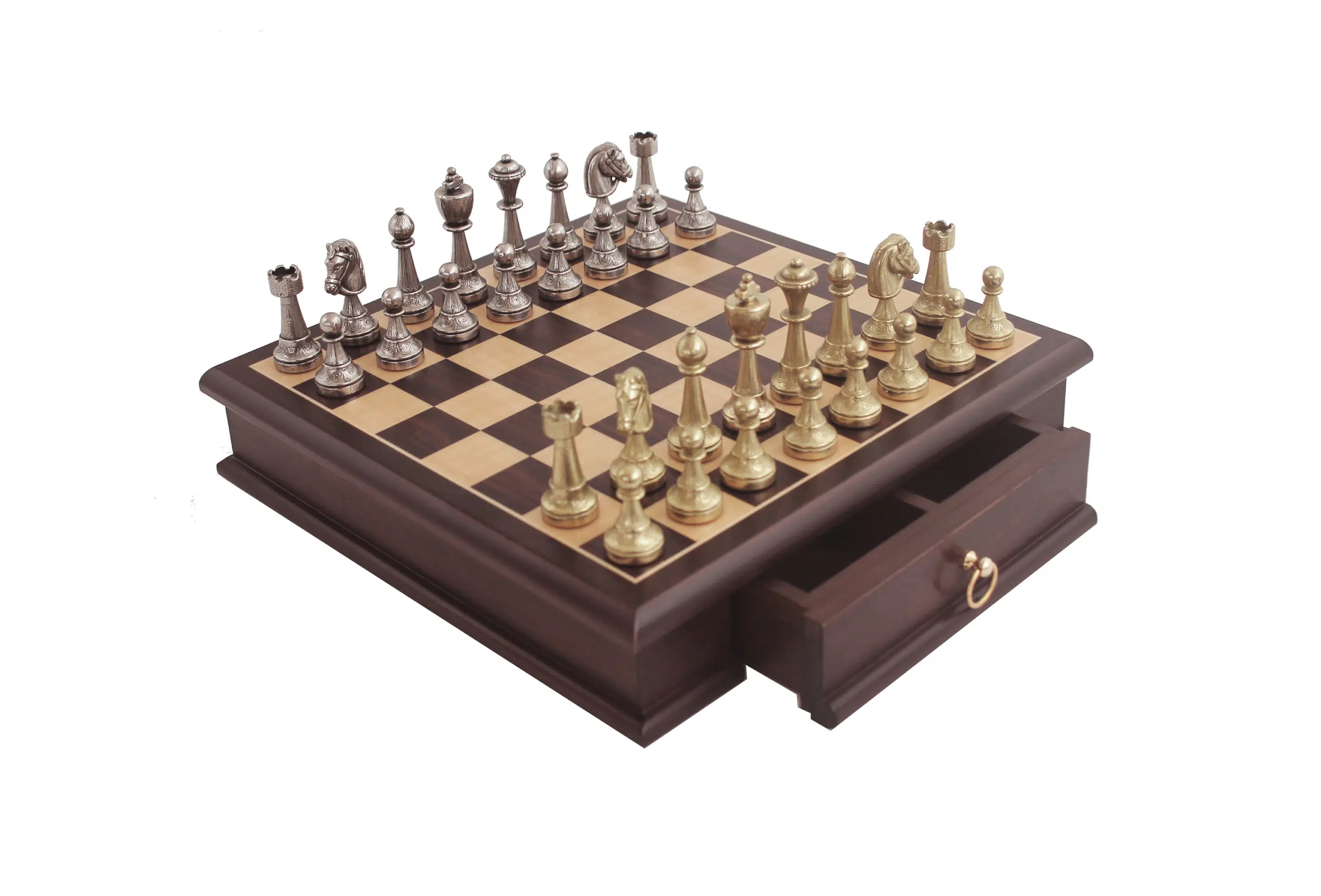 Ensemble Staunton Mix III Echiquier en Bois d'Acajou et Erable avec Compartiment de Rangement & Jeu d'Echecs en Métal Massif