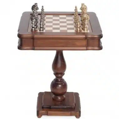 Table d'échecs vue de côté, pied tourné en bois d'hêtre et orme