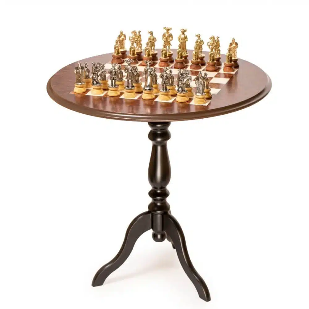 Ensemble "Lanzichenecchi" Table Ronde en Racine de Bruyère & Jeu d'Echecs en Bois et Métal