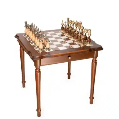 Ensemble Giant Oriental Haut de Gamme II Table en Bois, Albâtre de Toscane et Marbre de Carrare & Jeu d'Echecs en Bois et Laiton Massif