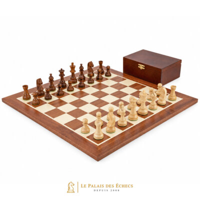Ensemble Grand Championship Echiquier en Bois d’Erable et Acajou, Jeu d’Echecs en Bois de Rose & Coffret de Rangement en Bois de Bouleau