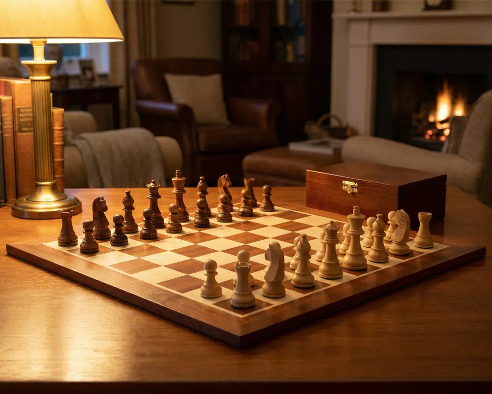 Ensemble Grand Championship Echiquier en Bois d'Erable et Acajou, Jeu d'Echecs en Bois de Rose & Coffret de Rangement en Bois de Bouleau