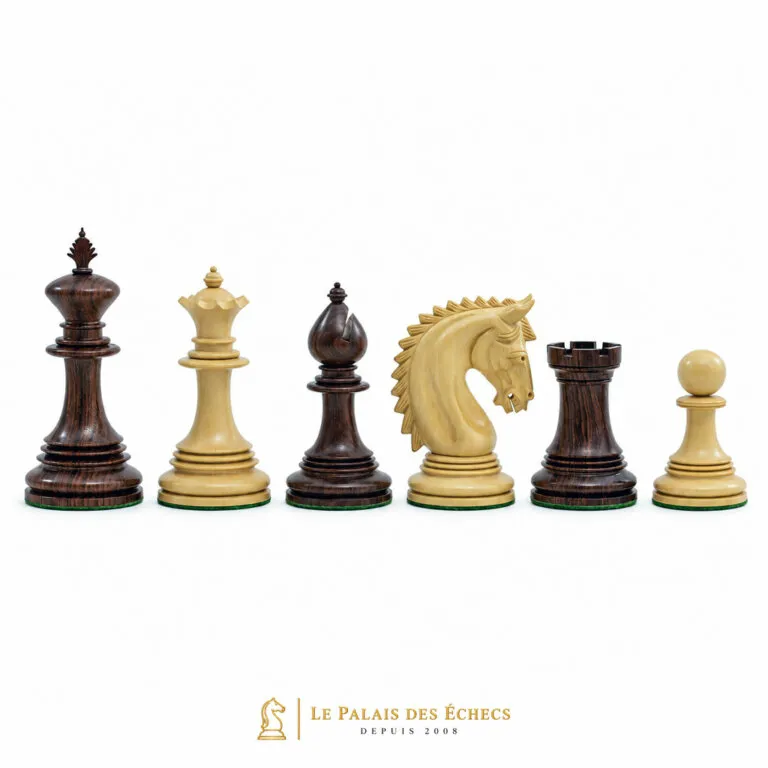 Pièces d'échecs Lemington en bois de rose, roi, dame, fou, cavalier, tour et pion