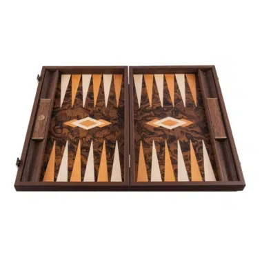 Backgammon en racine de noyer de Californie, plateau ouvert sans pions