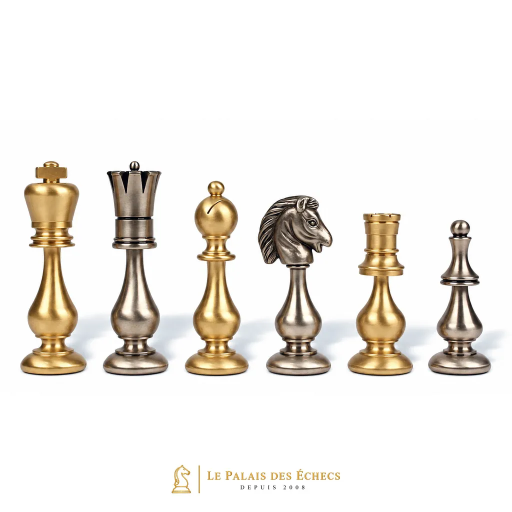Détail des pièces dorées et argentées : roi, pion, cavalier et tour du jeu Grand Oriental