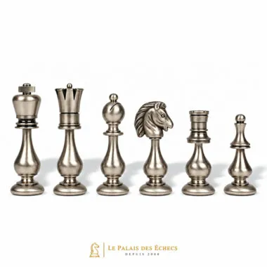 Pièces argentées en laiton massif : roi, pion, cavalier et tour du jeu Grand Oriental