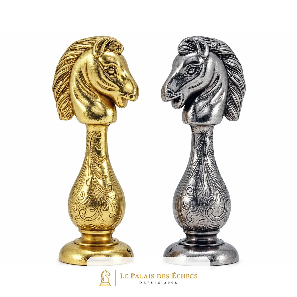 Détail des deux cavaliers en tête de cheval, finitions dorée et argentée