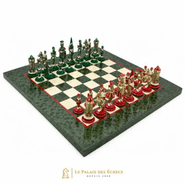 Ensemble Camelot Roi Arthur sur échiquier en bois d'érable olive, vue d'ensemble