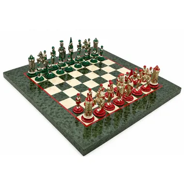 Ensemble Camelot Roi Arthur sur échiquier en bois d'érable olive, vue d'ensemble