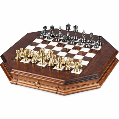 Ensemble Perse Supérieur : échiquier octogonal en bois avec pièces dorées et argentées
