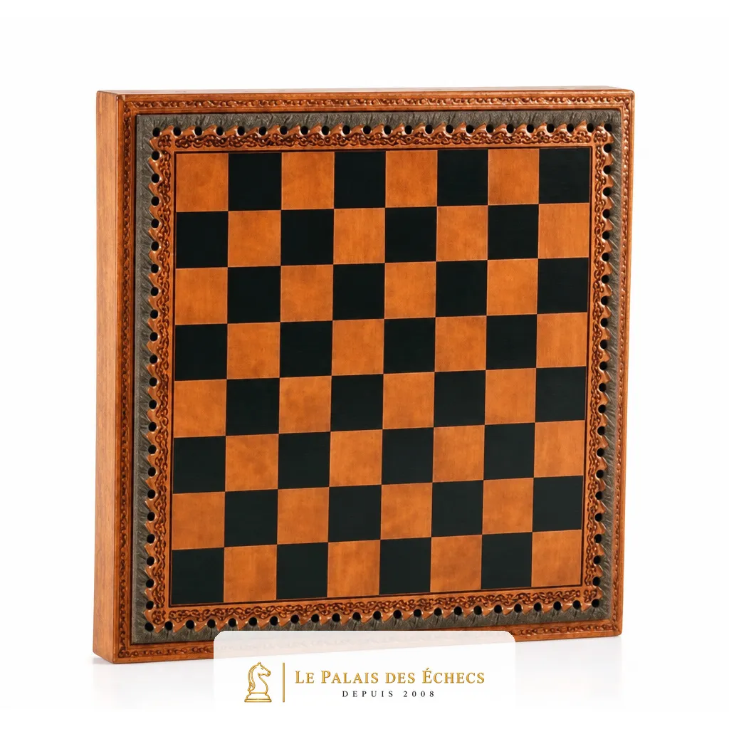 Échiquier Samourai III fermé, bordure en cuir gravée et motifs décoratifs