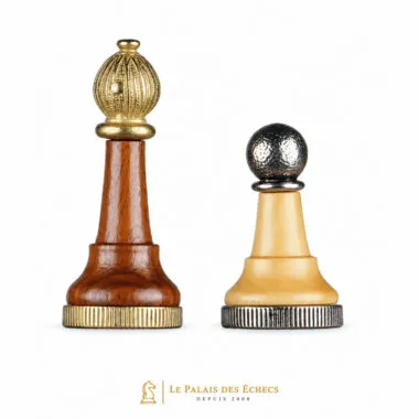 Fou et pion en métal et bois, détail des pièces d'échecs