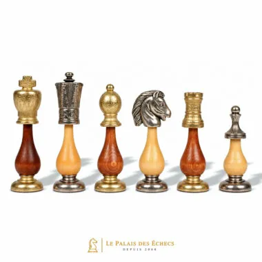 Pièces d'échecs Arabic Style, tête de cheval argentée et dorée, socles en bois
