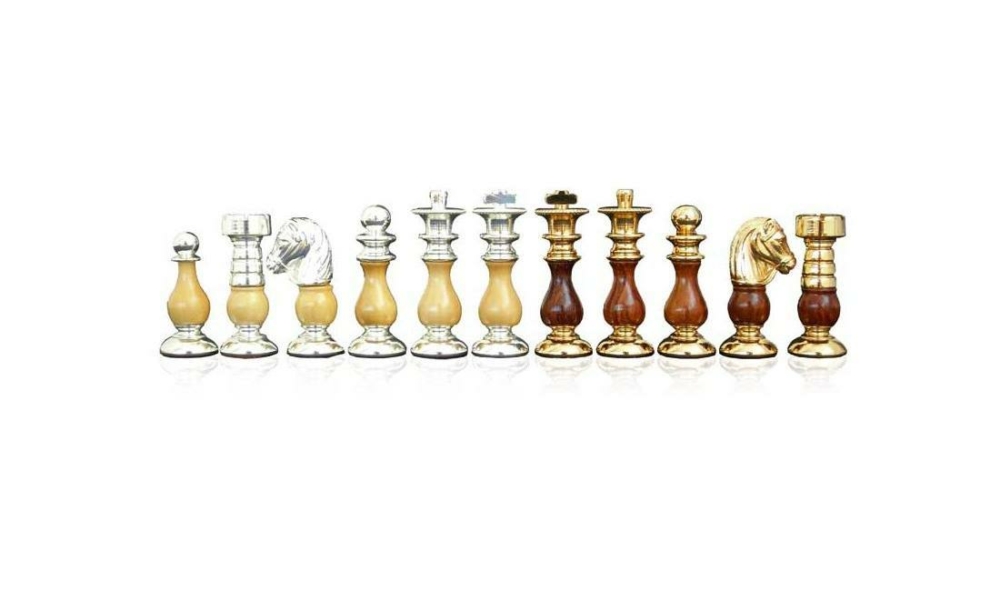 Jeu d'Echecs en Bois et Laiton Massif Plaqué Or et Argent "Francais"