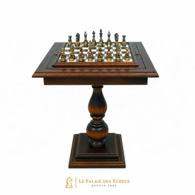 Table d'échecs sur pied en bois avec plateau en albâtre et marbre