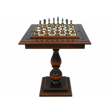 Table d'échecs sur pied en bois avec plateau en albâtre et marbre