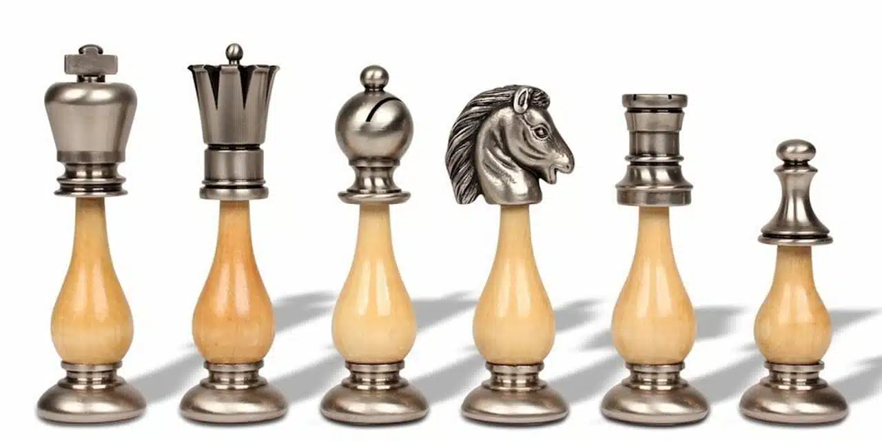 Pièces d'échecs Oriental finition argentée, détail tête de cheval et tour