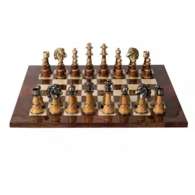 Ensemble Staunton XL II Echiquier en Bois d'Orme et de Bruyère Laqué & Jeu d'Echecs en Bois et Laiton