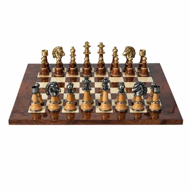 Ensemble Staunton XL II avec échiquier en orme et bruyère laqué vus de face