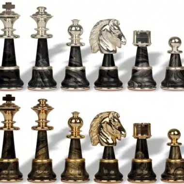 Ensemble Staunton Fantasy XL 2 Echiquier en Cuir Véritable & Jeu d'Echecs en Laiton et Bois Plaqué Or et Argent – Image 9