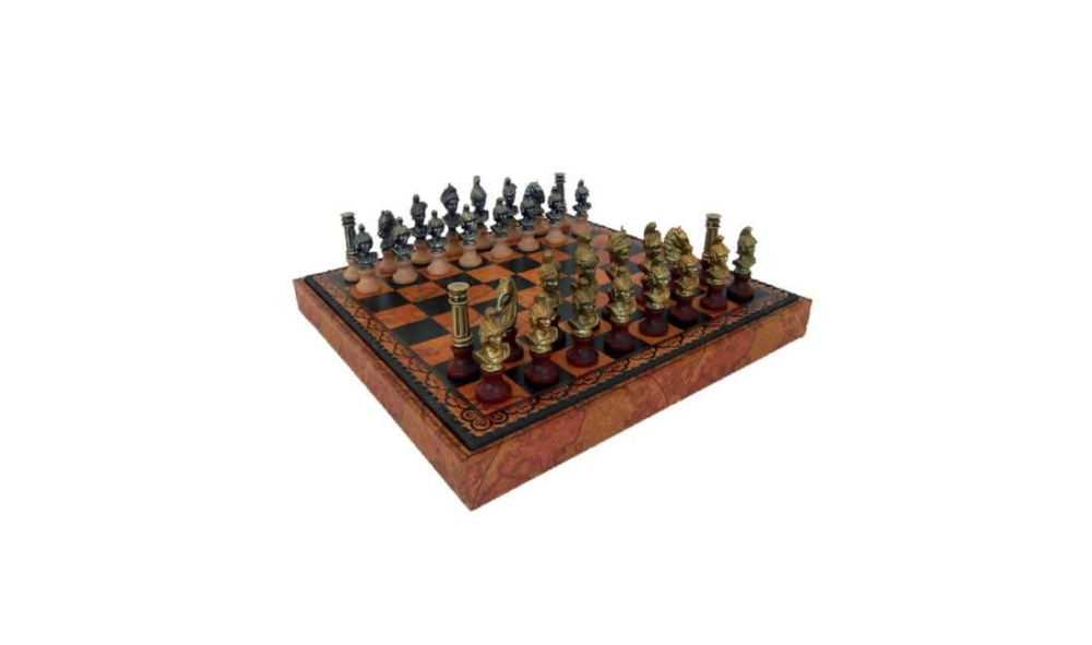 Ensemble "Bustes Romains" Echiquier en Similicuir & Jeu d'Echecs en Bois et en Métal Massif