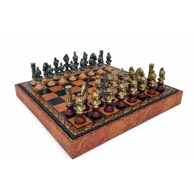 Ensemble "Bustes Romains" Echiquier en Similicuir & Jeu d'Echecs en Bois et en Métal Massif