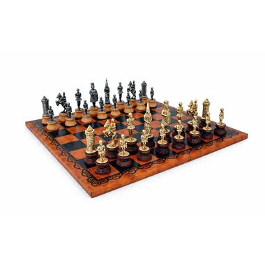 Ensemble "Camelot Roi Arthur II" Echiquier en Similicuir & Jeu d'Echecs en Bois et Métal Massif