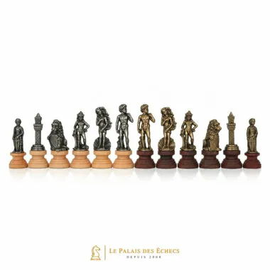 Pièces du Jeu d'Échecs Florentine, figurines en métal sur socles en bois