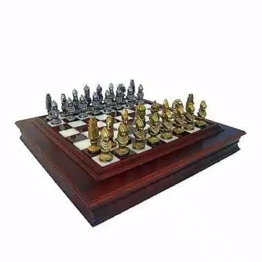 Ensemble "Moncada" Echiquier en Bois Massif, Plateau en Albâtre de Toscane & Jeu d'Echecs en Métal