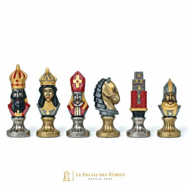 Pièces Moncada III : roi, fou, cavalier et tour en métal peint