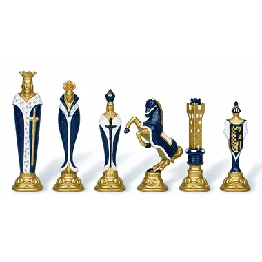Pièces d'échecs Renaissance en métal peint, variante bleue et dorée, détail des figures