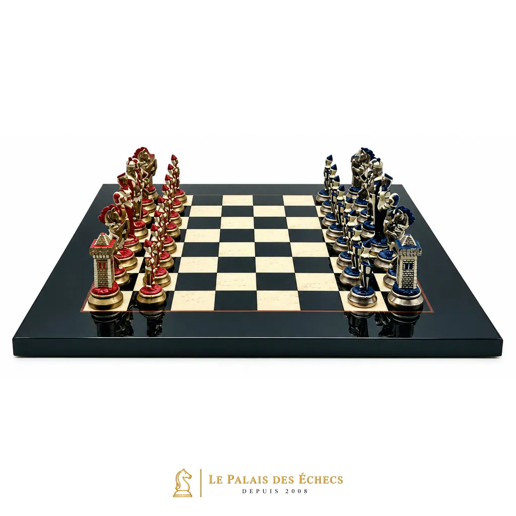 Jeu d'échecs Mary Stuart IV, vue latérale symétrique des deux armées rouge et bleue
