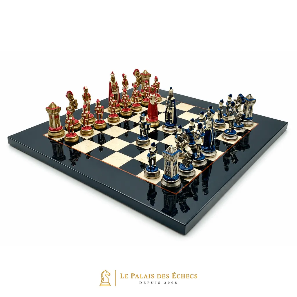 Jeu d'échecs Mary Stuart IV, vue d'ensemble de l'échiquier complet avec toutes les pièces