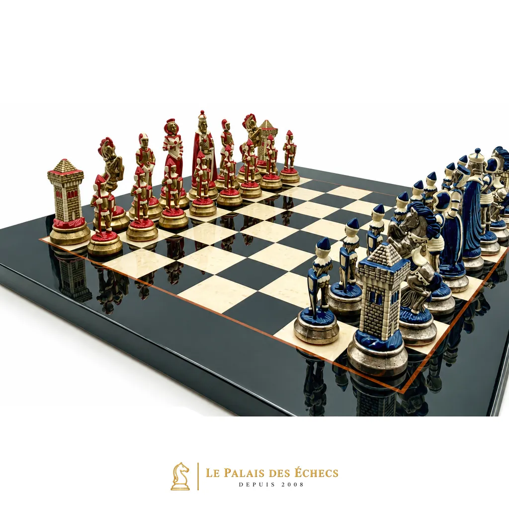 Jeu d'échecs Mary Stuart IV, vue rapprochée des pièces rouges et bleues sur échiquier laqué