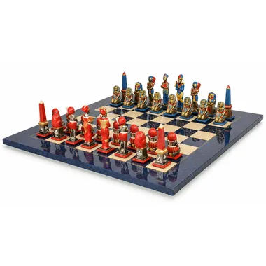 Ensemble Egypte III complet, pièces rouges et bleues sur échiquier en érable