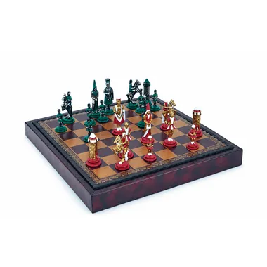 Ensemble "Camelot Roi Arthur III" Echiquier en Similicuir & Jeu d'Echecs en Métal Peint à la Main