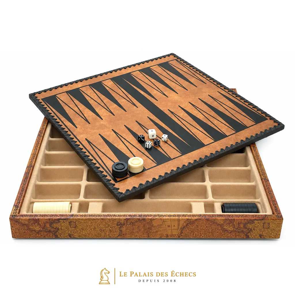 Coffret ouvert avec plateau de backgammon et compartiments de rangement intégrés