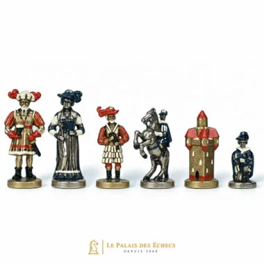 Pièces d'échecs Lanzichenecchi peintes représentant mercenaires et cavalier richement costumés