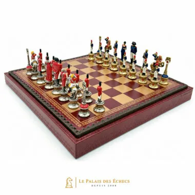 Ensemble Napoléon III avec échiquier similicuir rouge et pièces métalliques peintes