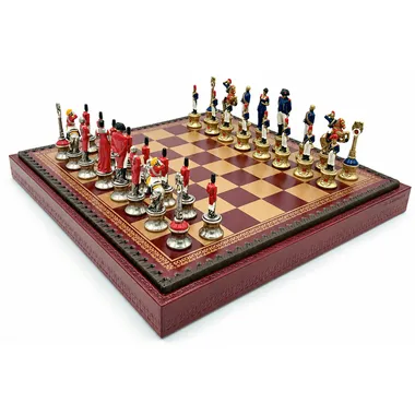 Ensemble Napoléon III avec échiquier similicuir rouge et pièces métalliques peintes