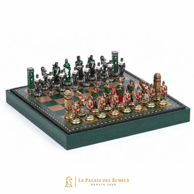 Ensemble complet Romains vs Barbares sur échiquier en similicuir vert et or