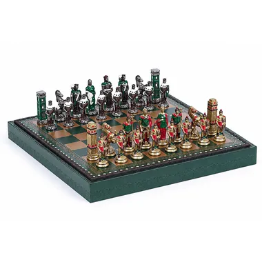Ensemble complet Romains vs Barbares sur échiquier en similicuir vert et or