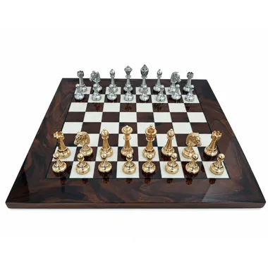 Ensemble Classic Flower 6, échiquier en ronce de noyer et pièces plaquées or et argent