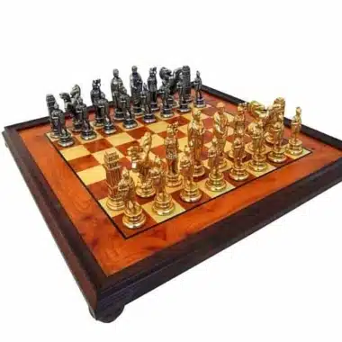 Ensemble "César" Echiquier sur Pied en Bois de Bruyère & Jeu d'Echecs en Métal Massif